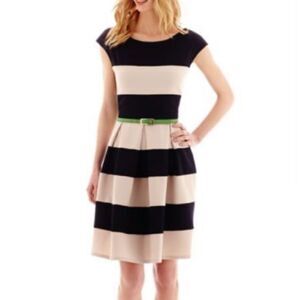 Modcloth Black and Cream Striped Dress with Green Belt